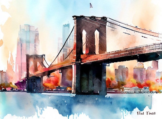 Brooklyn Bridge. New York. Painting Giclee Canvas 16x20 With Mat