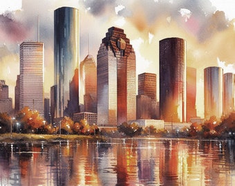 HOUSTON Texas. Landscape. Cityscape 16x20" with mat frame. Painting Giclee Canvas