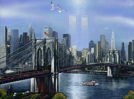 New York. Twin Towers. Brooklyn Bridge. Painting on Giclee Canvas 16