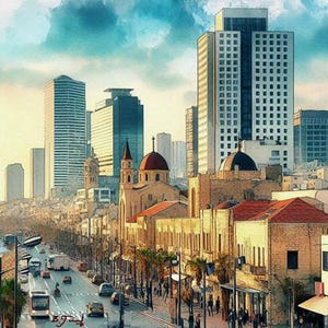TEL AVIV Israel. City View. Painting Giclee Canvas 16"x20" with mat frame