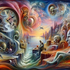 May include: A surreal, colorful painting depicting a dreamscape with a large clock, human figures, skulls, and a plane. The artwork features swirling clouds, waterfalls, and a vibrant color palette of reds, blues, and oranges.