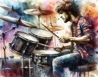 DRUMMER. Music. Painting Giclee Canvas 16"x20" with mat frame