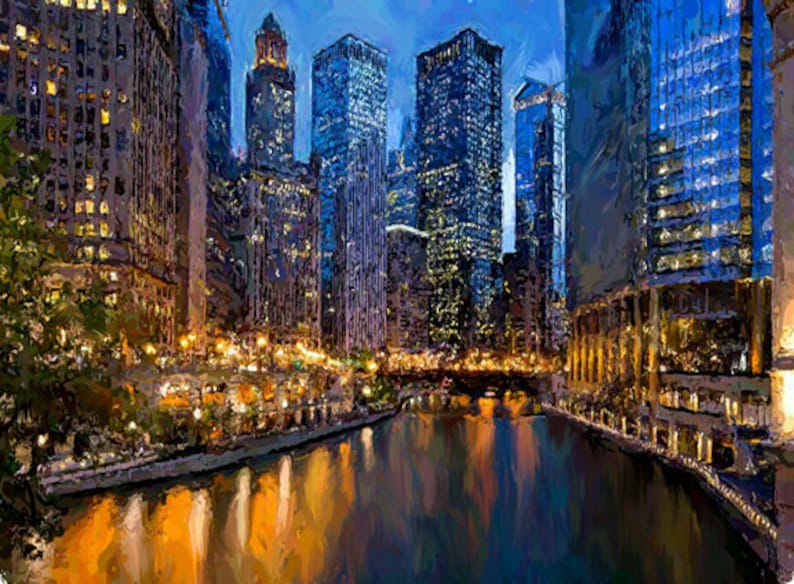 CHICAGO SKYLINE Evening Lights Painting Giclee Canvas Etsy