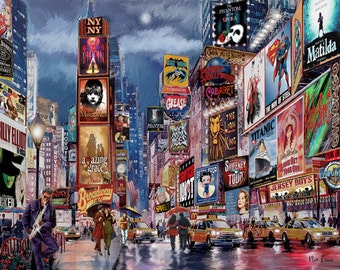 BROADWAY MUSICALS Show in New York Theaters. Wicked. Jersey Boys. Times Square. Painting on Giclee Canvas 16"x20" with mat frame