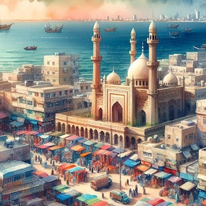 KARACHI Pakistan, paysage urbain, peinture sur toile giclée 40,4 x 50,8 cm avec cadre mat