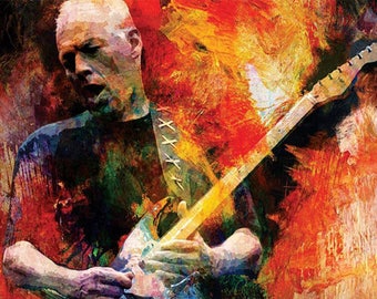 DAVID GILMOUR Pink Floyd Portrait Peinture abstraite moderne sur toile giclée 16 "x 20" avec cadre mat. Art impressionniste