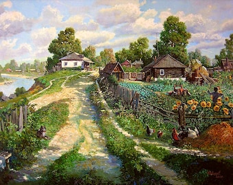 Ukraine. Ukranian. Village. Landscape. Painting Giclee Canvas 16"x20" with mat board