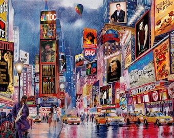 ROCK MUSIC in New York. Times Square. Broadway. Painting on Giclee Canvas 16"x20" with mat frame. By the Artist