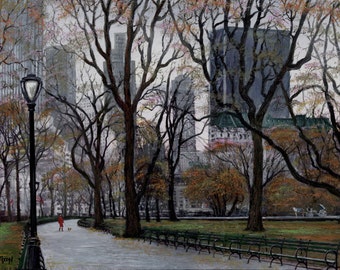 Nueva York. Parque Central. Paseo Viena. Hotel Plaza. Caballo y Carridge. Pintura Giclee Canvas 16 "x 20" por el artista