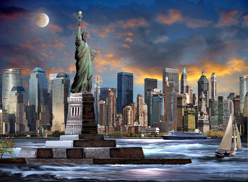 Die Freiheitsstatue. New York City. NYC. Skyline. Wolkenkratzer.  Stadtansicht. Landschaft. Gemälde Giclee Leinwand 16 x20 vom Künstler -  Etsy Österreich