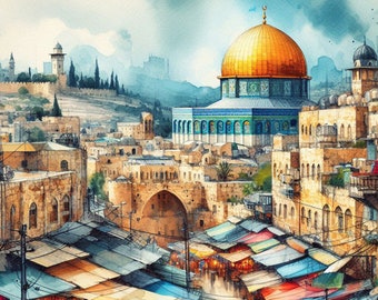 JERUSALEM Israel. Painting Giclee Canvas 16"x20" with mat frame