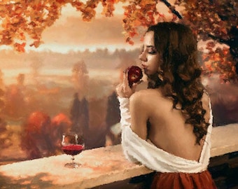 WOMAN WITH APPLE And Wine Painting on Giclee Canvas 16"x20" with mat frame. Impressionistic art