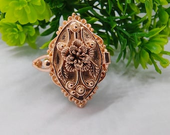 Antique Rose Gold Plated Brass Locket Ring – Floral Pill Box Secret Compartment