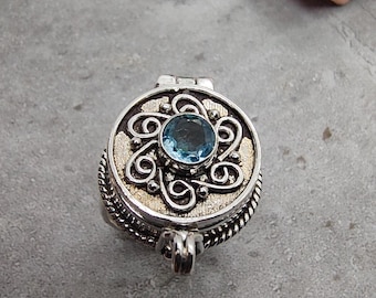 Anello con scomparto segreto in topazio blu, anello portapillole in ottone placcato argento 925