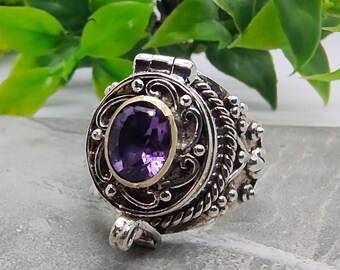 Nature Amethyst ring Hidden Compartment ring Locket poison ring pill box Statement ring handmade ring Vintage ring women silver Oxidized