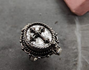 925 Silver Plated Brass Cross Locket Ring, Secret Compartment Poisoner Ring