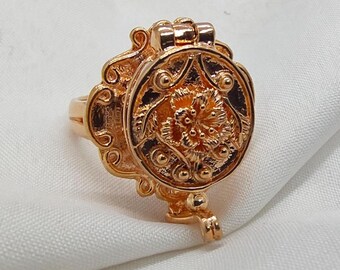 Rose Gold Plated Poison Ring Secret Locket Pillbox filled pure gold compartment ring, locket  poison ring antique ring perfume ring