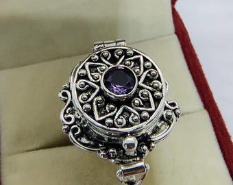 Amethyst Poisoner Ring, Vintage Silver Filigree, Secret Compartment Jewelry