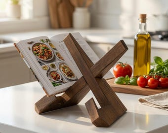 Rustic Wooden Cookbook Stand, Recipe Book Holder, Tablet Display Easel for Kitchen Counter