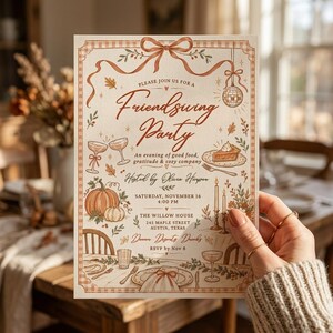 May include: A rectangular Friendsgiving party invitation card featuring a brown gingham border, a bow, a disco ball, a pumpkin, a slice of pie, and candles. The text reads: Please join us for a Friendsgiving Party, an evening of good food, gratitude & cozy company, hosted by Olura Harpen, Saturday, November 16, 4:00 PM, The Willow House, 245 Maple Street, Austin, Texas, Dinner, Dessert, Drinks, RSVP by Nov 8.