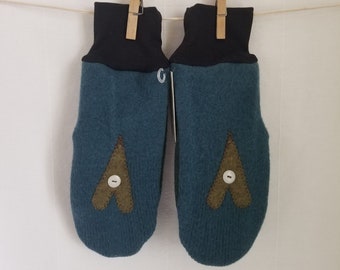 upcycled FELTED wool MITTENS, Suede patches, Fleece lined, cozy warm, Adult Medium Size only