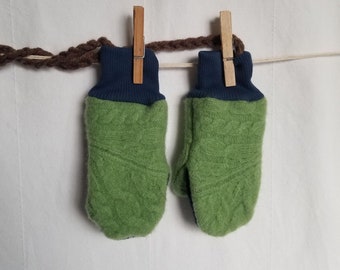 TODDLERS mittens, grey cotton cuff, upcycled wool, fleece lined, cozy warm, 2-4 years