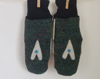 Medium sized Adult mittens, recycled felted wool, Eco-friendly, fleece lined