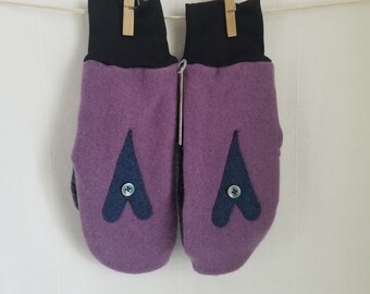 upcycled FELTED wool MITTENS, Fleece lined, cozy warm, boiled wool, Adult MEDIUM Size only