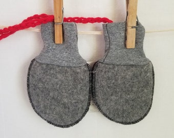 upcycled felted wool BABY MITTENS, THUMBLESS, boiled wool, fleece lined, 0-24 months