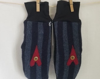 recycled wool mittens, boiled wool & fleece lined, STRIPED, MEDIUM size only