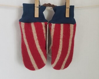 2-4 yrs TODDLER mittens, recycled felted WOOL, fleece lined, RED/grey/yellow, turquoise cotton cuffs, medium kids size