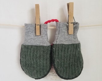 handmade & recycled felted wool THUMBLESS BABY MITTS, boiled wool, fleece lined, 0-24 months