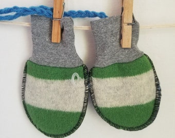 handmade & recycled felted wool THUMBLESS BABY MITTS, boiled wool, fleece lined, 0-24 months