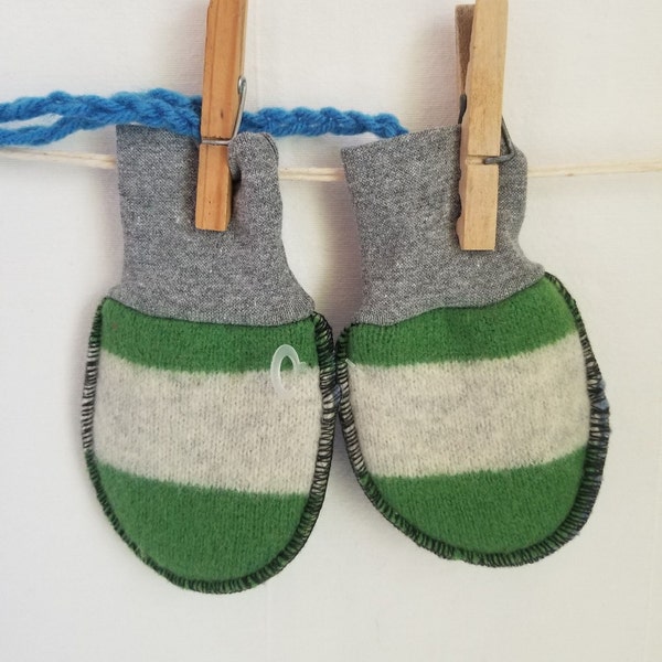 handmade & recycled felted wool THUMBLESS BABY MITTS, boiled wool, fleece lined, 0-24 months