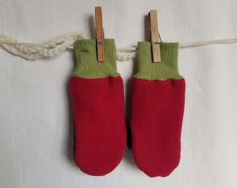 2-4 yrs TODDLER mittens, recycled felted boiled WOOL, fleece lined, medium kids size