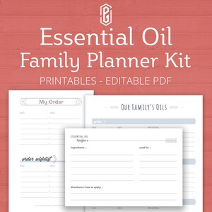 Op de afbeelding: Printbare planner voor etherische oliën met een grijs en wit ontwerp. De set bevat een "Mijn bestelling" en "Onze familieoliën" sectie. De "Onze familieoliën" sectie heeft kolommen voor "Wie", "Oliën", "Gebruik" en "Toepassing".