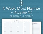 Meal Planner Printable, Meal Planner PDF, Meal Planner Editable, Monthly Meal Planner, Grocery Shopping List, Weekly Meal Planner Printable