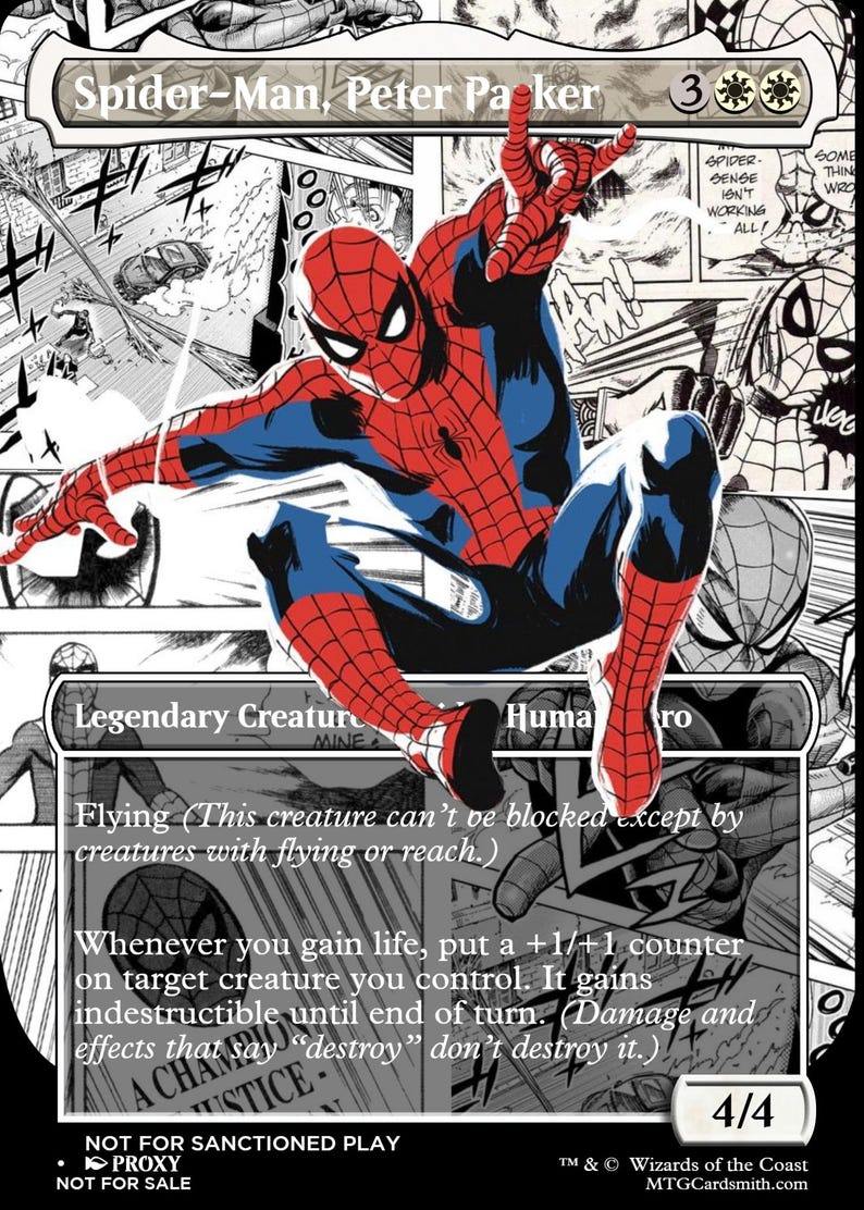 May include: A collectible trading card featuring a comic book illustration of Spider-Man in a red and blue suit. The card includes text such as Spider-Man, Peter Parker, Legendary Creature, Flying, and game rules. The background is a black and white comic panel.