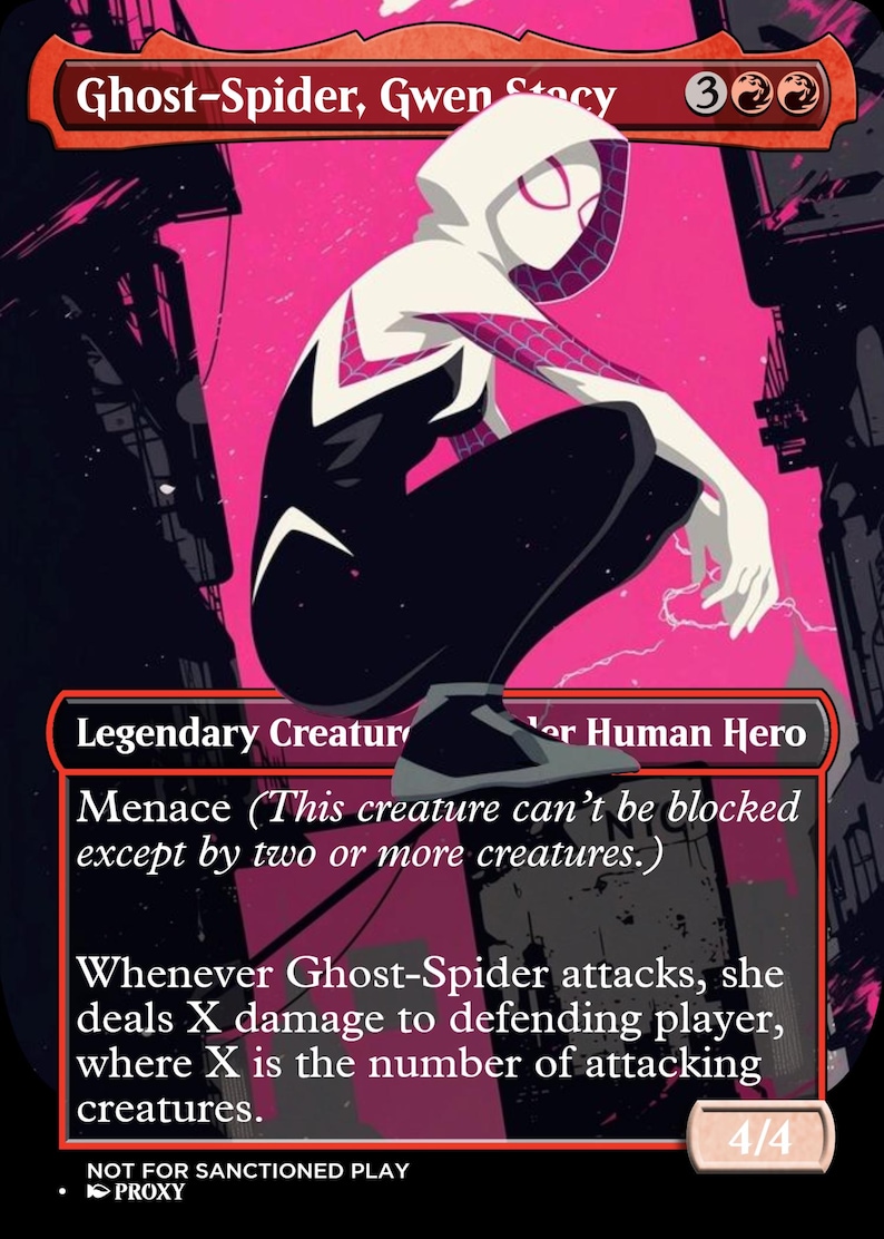 May include: A rectangular trading card featuring Ghost-Spider, Gwen Stacy, in a crouching pose. The card has a black, white, and pink color scheme with text including Ghost-Spider, Gwen Stacy, Legendary Creature, Human Hero, Menace, and game rules.