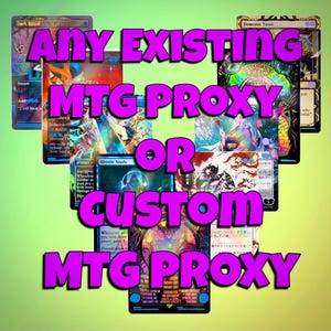 May include: A collection of rectangular trading cards featuring colorful fantasy illustrations and text, including titles like Dark Ritual, Demonic Tutor, and Rhystic Study, arranged in a layered display against a light green background.