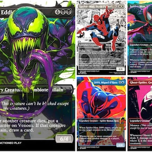 May include: A collection of five trading cards featuring Marvel characters including Venom, Spider-Man, Miles Morales, Spider-Man 2099, and Ghost-Spider. Each card displays colorful, detailed character illustrations, game text, power and toughness stats, and the text Not For Sanctioned Play at the bottom.