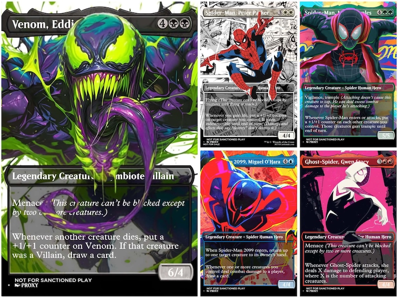 May include: A collection of five trading cards featuring Marvel characters including Venom, Spider-Man, Miles Morales, Spider-Man 2099, and Ghost-Spider. Each card displays colorful, detailed character illustrations, game text, power and toughness stats, and the text Not For Sanctioned Play at the bottom.