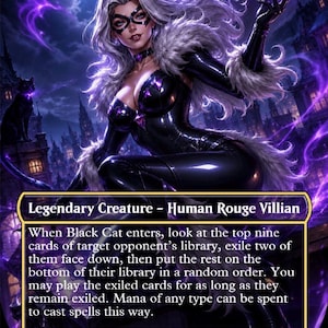 May include: A collectible trading card titled Black Cat, Cunning Thief, featuring a character with long white hair and a black mask in a shiny black suit with fur trim. The card text describes a legendary creature, game mechanics, and flavor text.