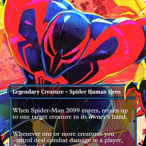May include: A collectible trading card featuring a stylized illustration of a dark blue and red costumed figure. The card text identifies the character as Spider-Man 2099, Miguel O'Hara, with game mechanics and a power and toughness rating of 4/4.