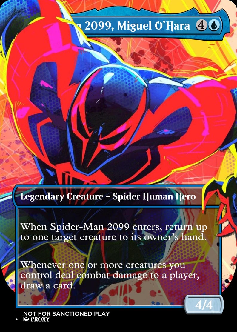 May include: A collectible trading card featuring a stylized illustration of a dark blue and red costumed figure. The card text identifies the character as Spider-Man 2099, Miguel O'Hara, with game mechanics and a power and toughness rating of 4/4.