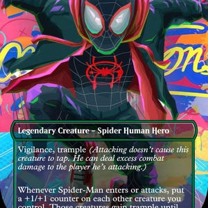 May include: A collectible trading card featuring a stylized illustration of Spider-Man in a black suit with a red spider emblem and cape. The card text includes "Spider-Man, Miles Morales," "Legendary Creature - Spider Human Hero," and game rules.