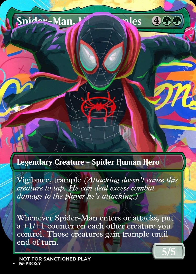 May include: A collectible trading card featuring a stylized illustration of Spider-Man in a black suit with a red spider emblem and cape. The card text includes "Spider-Man, Miles Morales," "Legendary Creature - Spider Human Hero," and game rules.