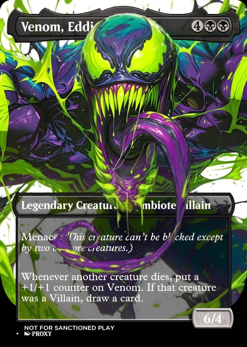 May include: A trading card featuring a purple and black creature with bright green eyes and a long tongue. The text reads Venom, Eddi, Legendary Creature, Symbiote Villain, Menace, and includes game rules about +1/+1 counters and drawing a card.