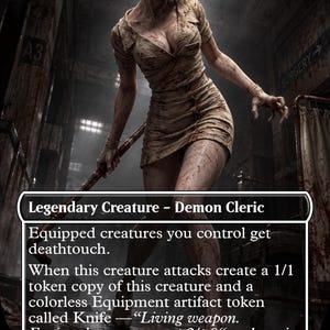 Puede incluir: Una carta coleccionable que muestra un personaje de enfermera con cabeza de burbuja y la cabeza vendada, vistiendo un uniforme de manga corta manchado. El texto de la carta la identifica como una criatura legendaria, demonio clérigo, con habilidades.