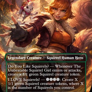 May include: A collectible trading card titled The Unbeatable Squirrel Girl featuring a character with orange hair, a brown jacket with fur trim, and an orange top. A small white squirrel is in the background. The card text includes game rules and stats.